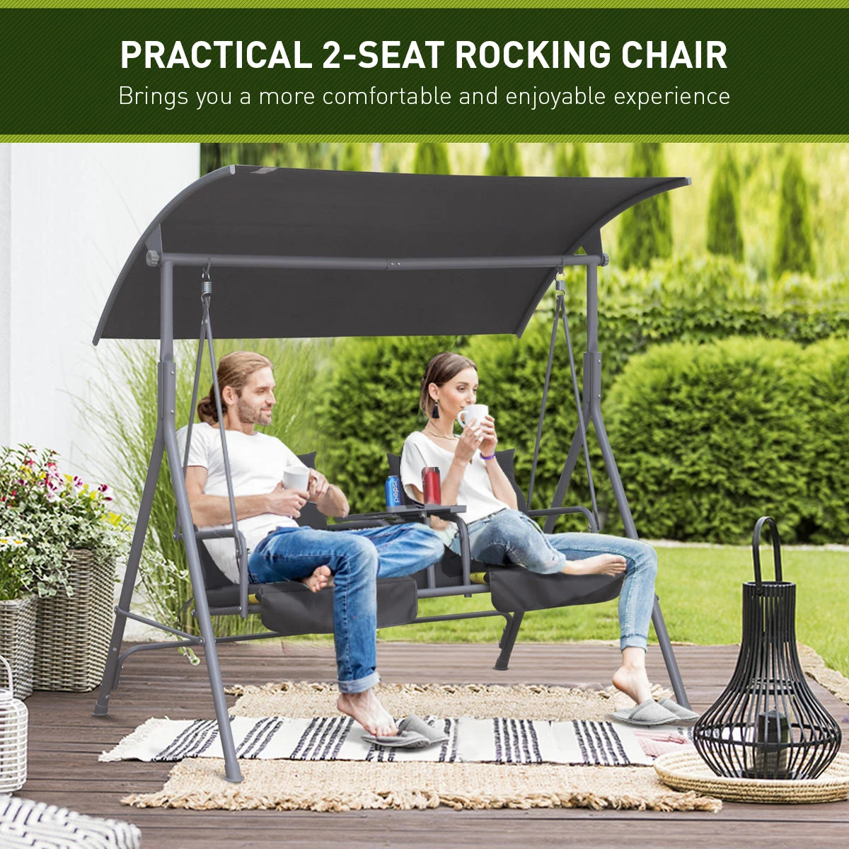 AJUNION Double Seat Garden Furniture Swing Rocking Chair Metal Stand Patio Swings with Adjustable Canopy
