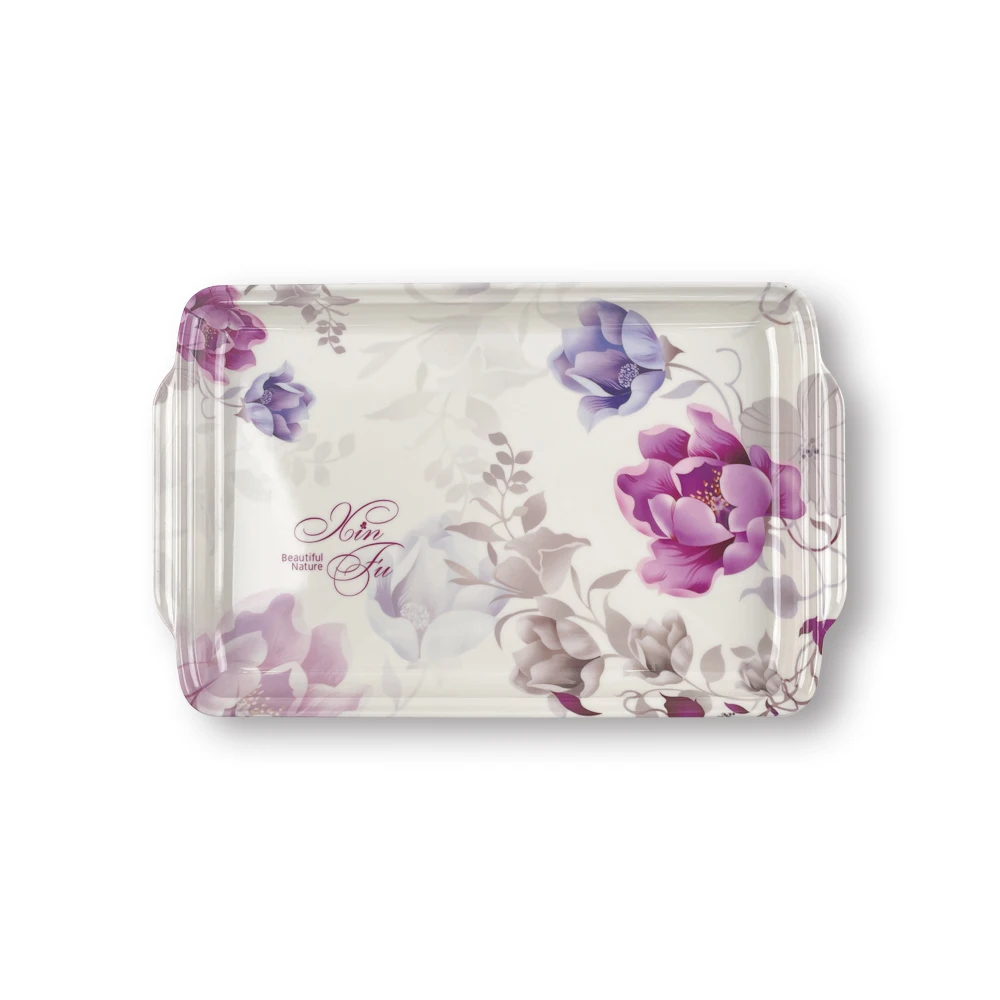 Wholesale New Design Purple Flower Melamine Serving Tray Food Fruits Plate Tea Coffee Trays