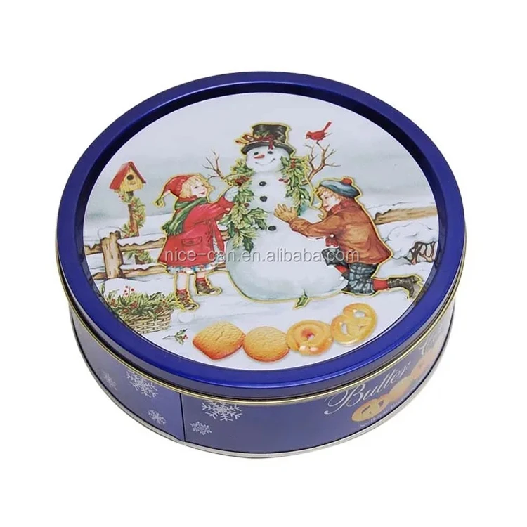 Custom Food Grade Tin Box Gift Biscuit Empty Round Cake Tin Metal Packaging Recyclable Gift Christmas Cookie Tin