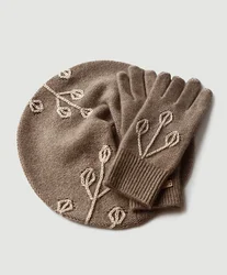 Women Knitted Hat Cashmere Glove With Embroidery Glove Hat Set