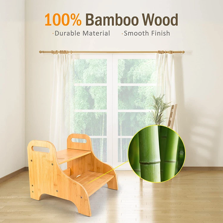 2-in-1 Portable Non-Slip Bamboo Bathroom Two Layer Step Toilet Stool with Handles for Adults Children Bamboo Toddler Step Stool