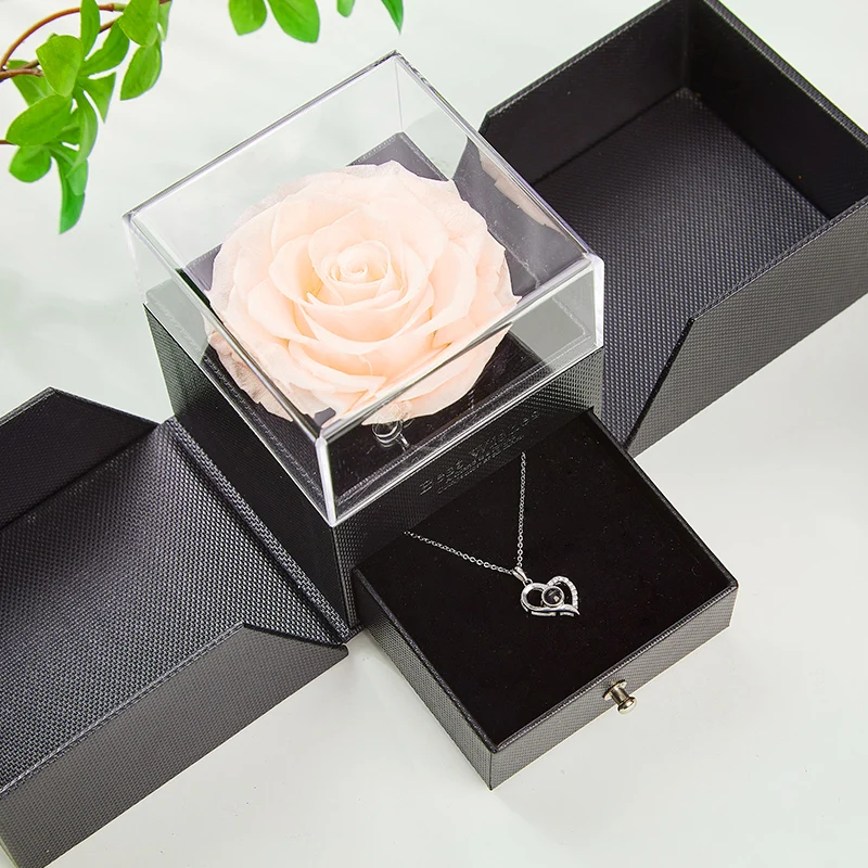 UO Luxury Jewelry Box For Rings / Necklaces / Bracelets Eternally Preserved Real Roses with I Love You Necklace in 100 Languages