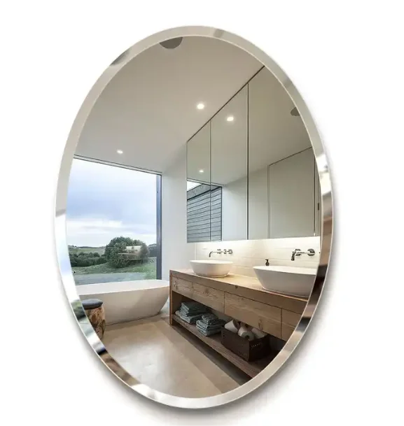 Kingwin Frameless Round Oval Bathroom Wall Mirror 24' Beveled Polished Round Mirror for Bathroom Wall