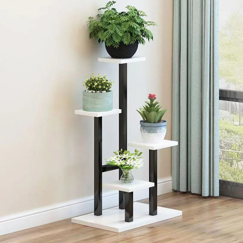 Living Room Decorative Multi-Layer Green Dill Floor Type Steel Wood Balcony Wrought Iron Flower Pot Rack Indoor Wall Shelf