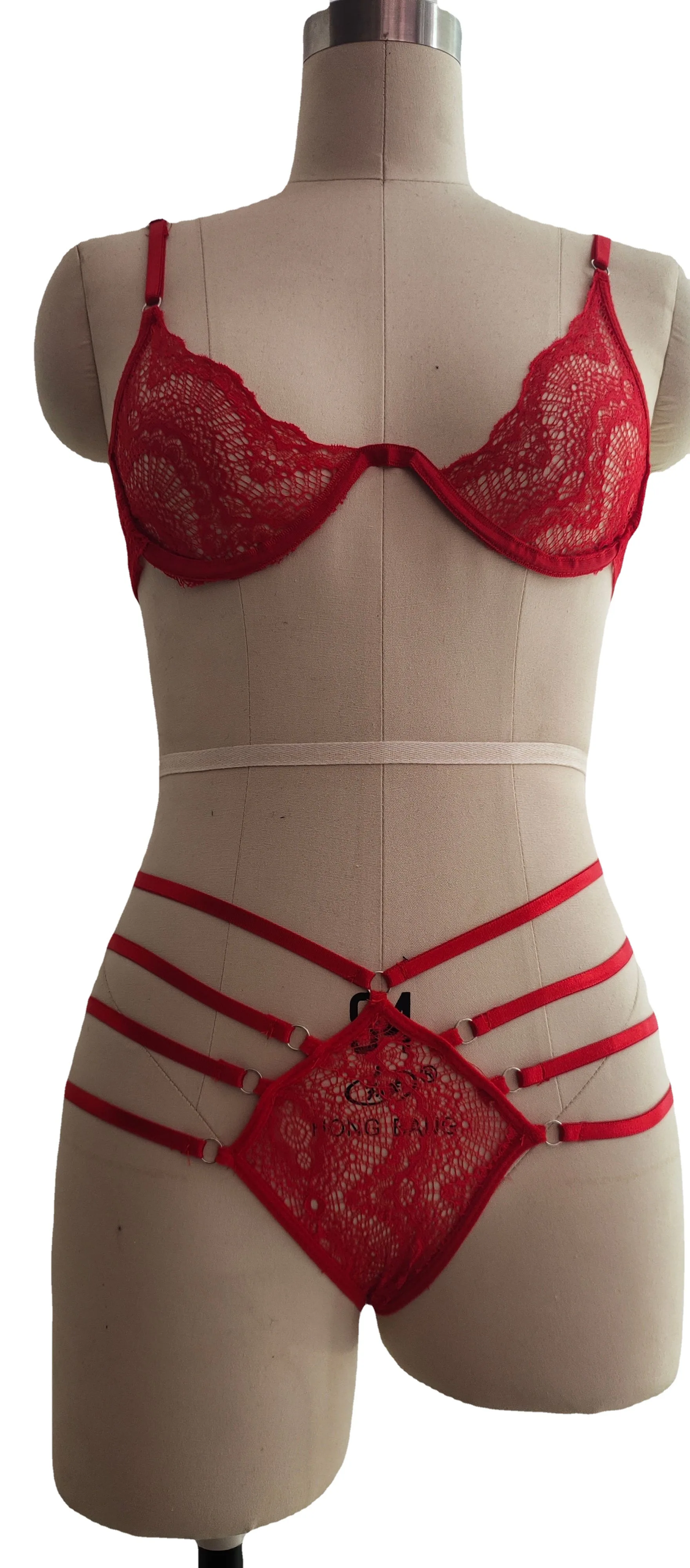 2021 Custom Private Label Vendor Lingerie Sexy Hot Transparent Women Red Two Piece Lace Lingerie Set