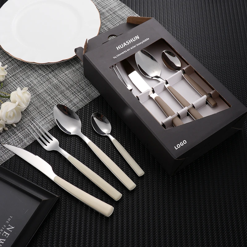 New design mirror polish 18/0 stainless steel hotel restaurant plastic handle 24pcs cutlery set