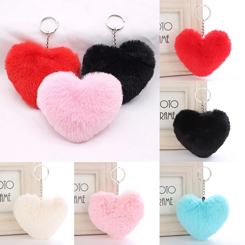 10cm Heart Shape Pom Pom Keychain Cute Fluffy Faux Rabbit Fur Puff Ball