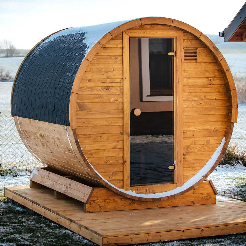 Exclusive Outdoor Barrel Sauna for Large Groups 6-Person, Cedar Wood, Electric Furnace & Glass Door