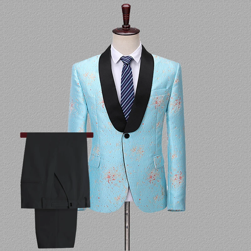 
Mens Shawl Lapel Jacquard Two-piece Set Suits Gentleman Wedding Groom Prom Dress Tuxedo Nightclub Bar Singers Costume 