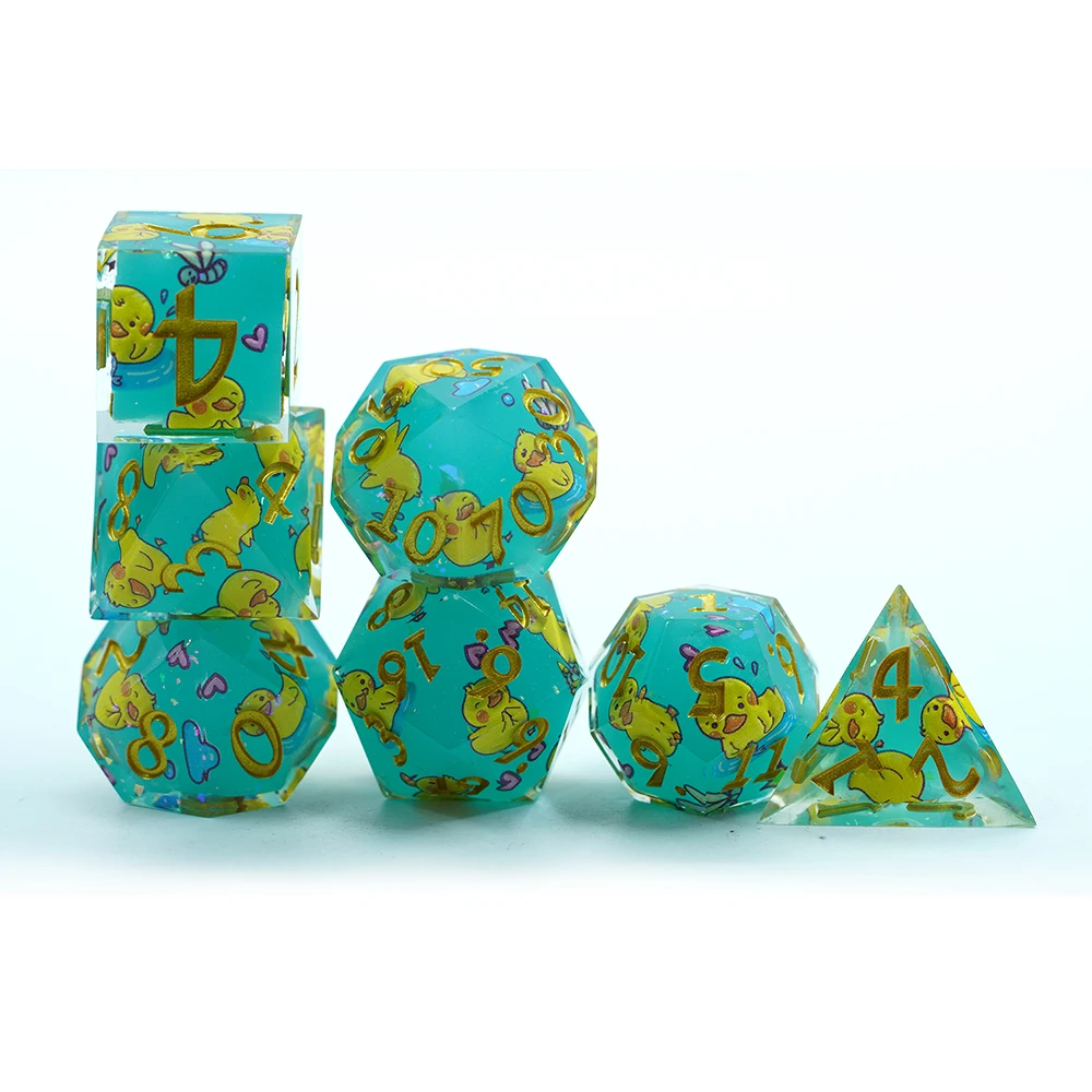 Hot Sale Custom Yellow Duck Liquid Core 7pcs Dice Set 16mm Polyhedral Resin Dice Set For Dnd Rpg Game
