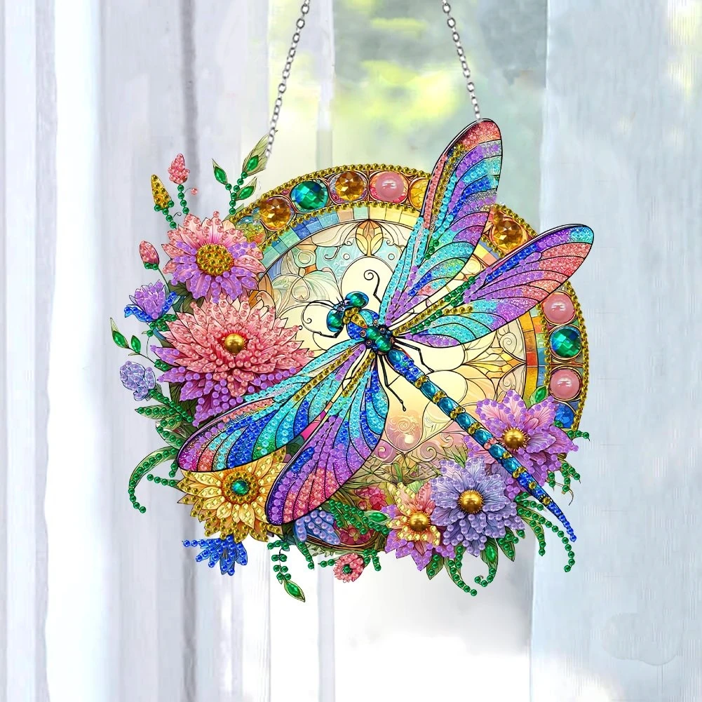 Dragonfly Special Shaped Crystal Diamond Art Painting Hanging Wind Chime Kits for Home Garden Wall Door Decor