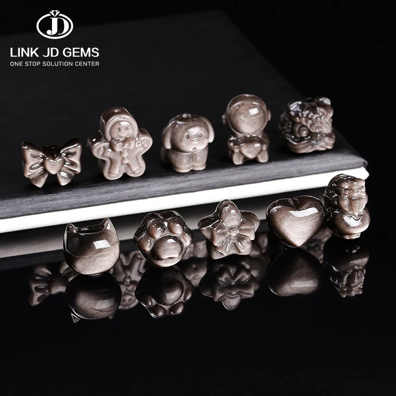 Natural Stone Silver Obsidian Carved Patterned Bead Cat Paw Pixiu Animals Shape Bead With Hole For Jewelry Making Necklace