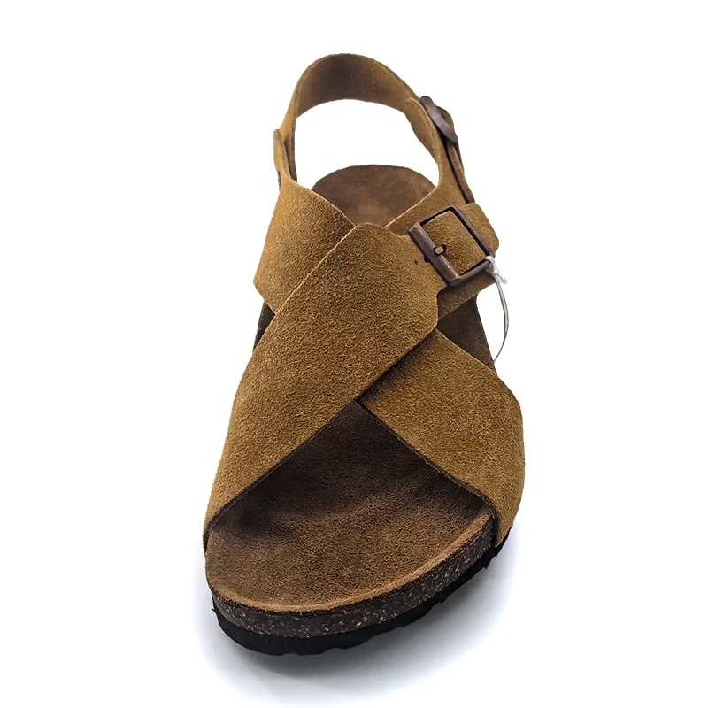 Drop Shipping Boken Cork Suede Slippers Cross Strap 2 Buckle Ankle Summer Unisex Mink Color Men Women Sandal With Rubber Outsole