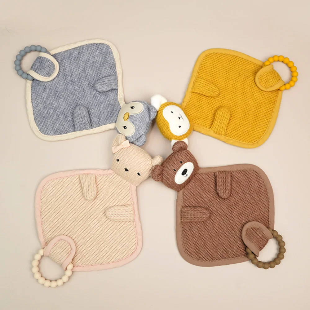 Kids Bear Security Blanket Baby Soft Animal Blanket Toy With Teether Lovely Stuffed Baby Security Blanket