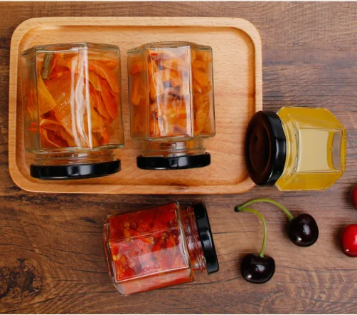 Food grade hexagonal honey glass jar jam pudding jar with screw metal lid 45ml 85ml 100ml 180ml 280ml 380ml 730ml