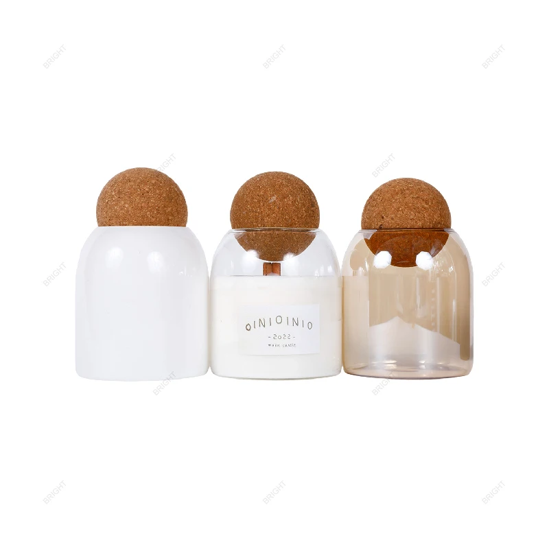 Custom Candle Vessel Luxury Candle Jars Cylinder Empty Clear Borosilicate Glass Candle Holder with Wood Ball Sealed Cork Lid