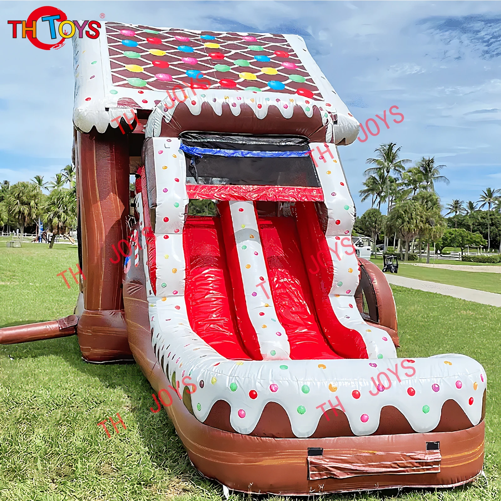 Gingerbread Bounce House With Dry Slide Combo Candy Inflatable Christmas Gingerbread Man Jumping Bed