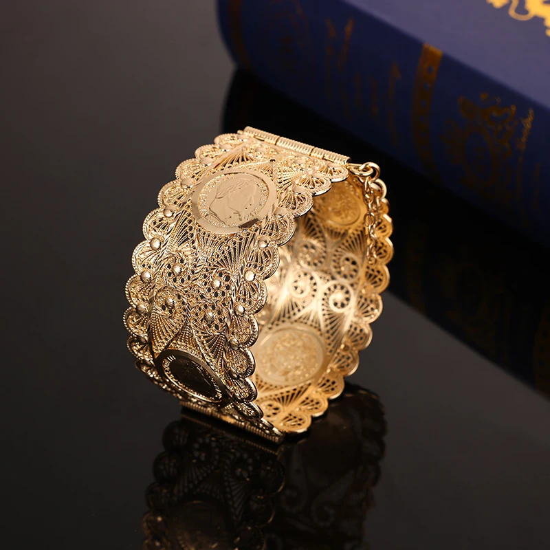 Algeria Wedding Bridal Gold Plated Bangles Women Open Cuff Bracelets Royal Coin Moroccan Jewelry Bangles Arabic Luxury Jewelry