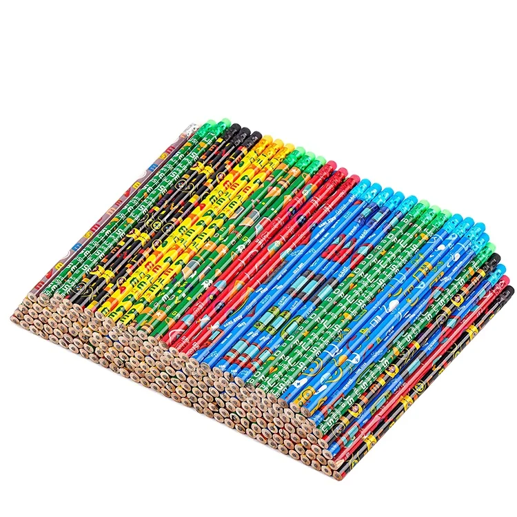 factory customized branded promotion round pencils with eraser bulk high quality wooden colored pencils with different patterns