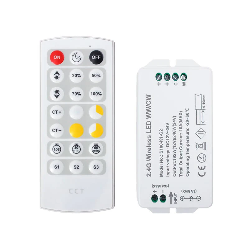 New DC12V DC24V Wireless 8A 2CH RF Grouping Dual Color CCT 3 Zone LED Controller Dimmer for Lighting