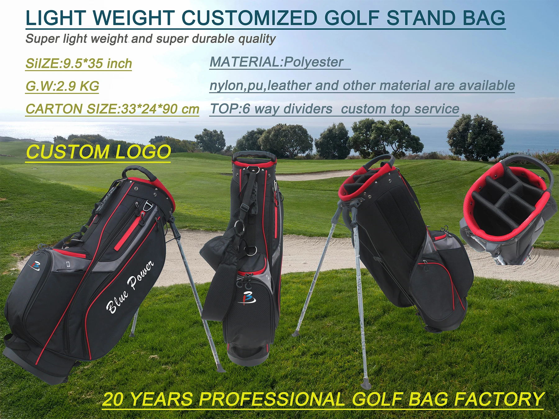 2022 профессиональная высококачественная популярная Индивидуальная сумка для гольфа с подставкой из полиэстера