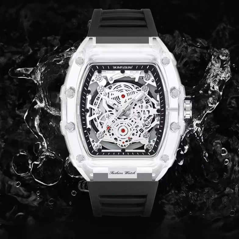 Hot Sale Fashion  Transparent Rectangle Case Quartz Watch for Men