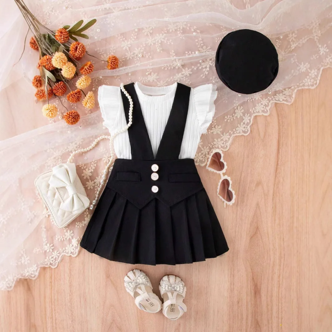 New style girls pit stripe solid color small flying sleeve vest top pleated suspender skirt hat suit