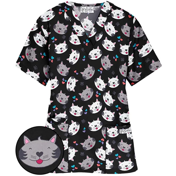 
cheap cute polyester spandex vendors design clinical female pattern printed nurse scrub tops 