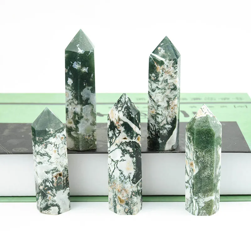 
Wholesale Natural Crystal Wands Moss Agate Point Healing Quartz Tower For Decoration 