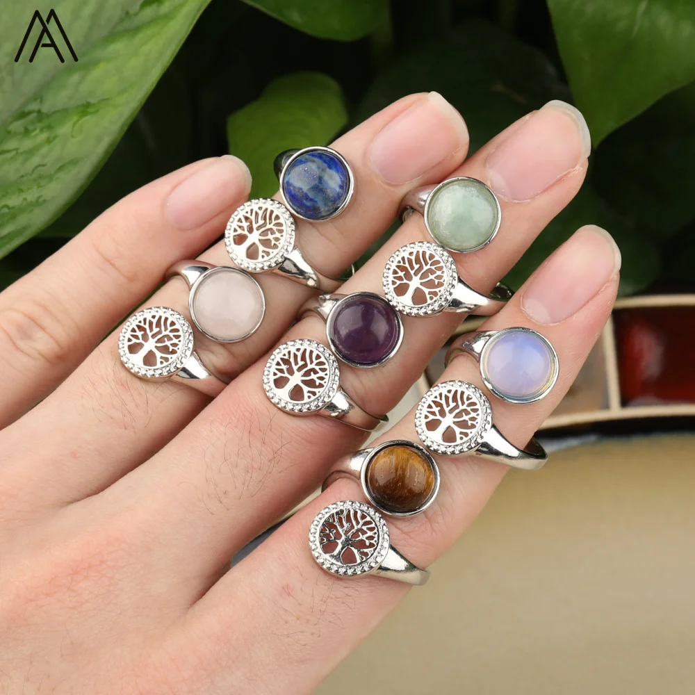 Silver Ring , Round Beads , Gemstone Crystal , Tree of Life , Reiki Chakra Jewelry