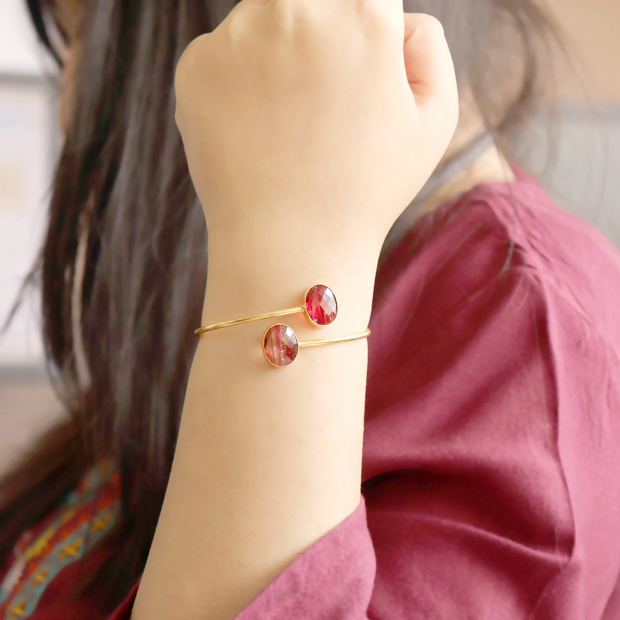 Gold Plated Oval Shape Red Copper Infused 10x12 MM Handmade Cuff Bangle