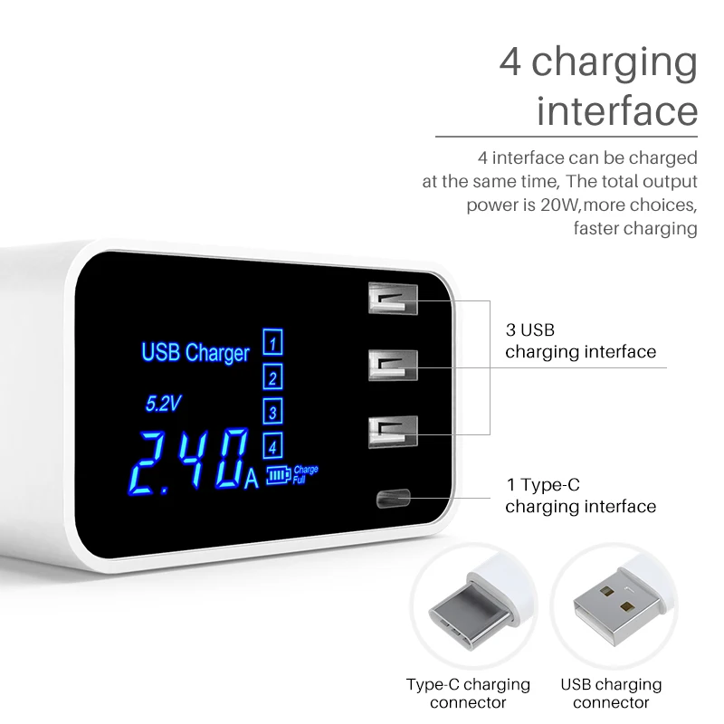 
DP hot selling 4-port usb charger quick charging 3usb 1 type-C with display charger for mobile phone tablet 