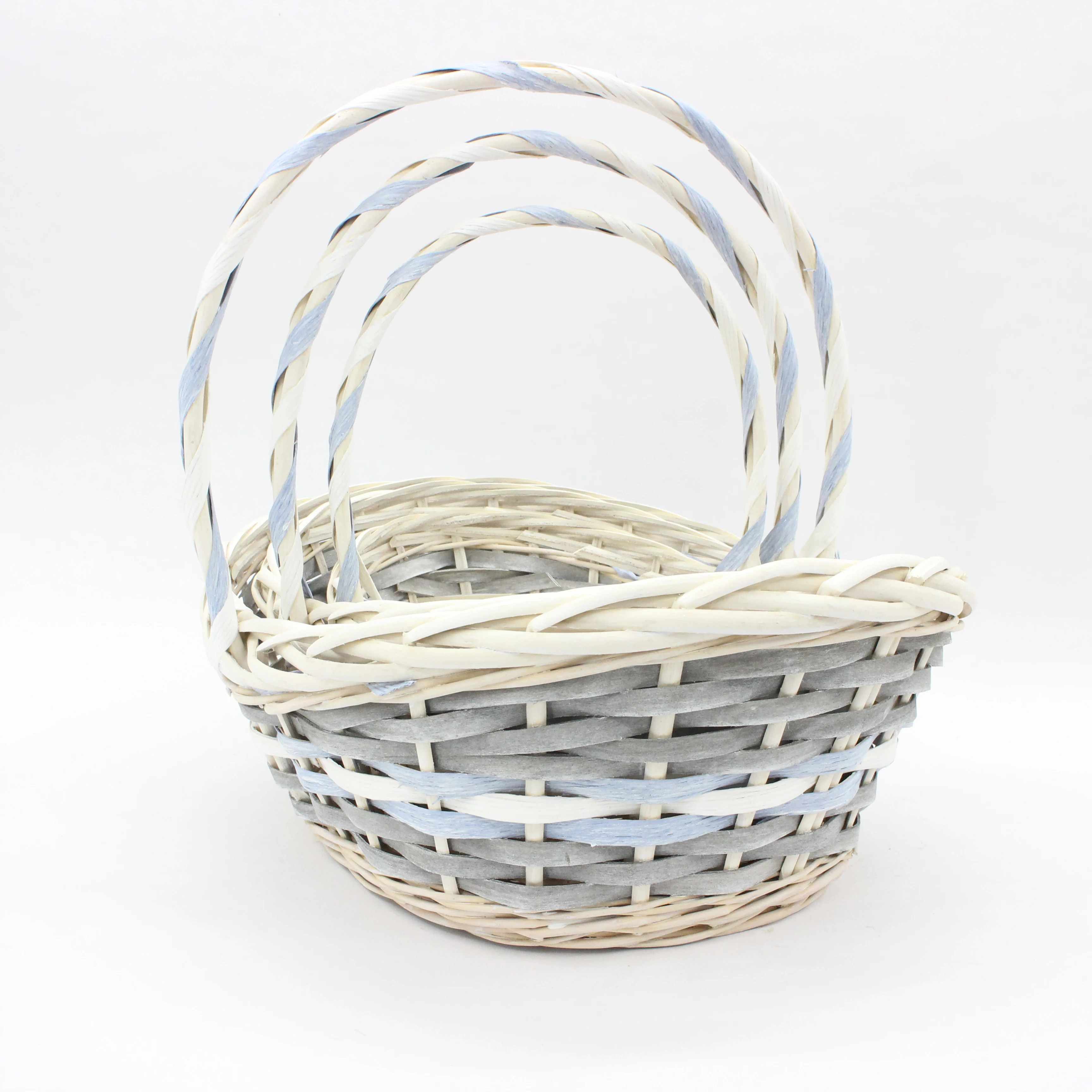Boat shaped blue gray decorative strip wicker wood mixed woven flower basket storage basket