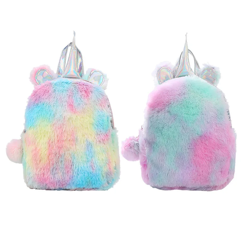 Fashion Cute Fake Fur Girls Plush Pink Travel Kids Cute Unicorn School Bags Charm Unicorn Backpack