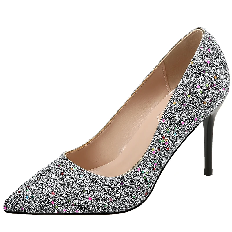 
Autumn new bridesmaid bride shoes stiletto all-match single shoes sequin pointed high heels 