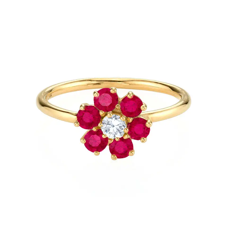 Gold Plated Women Jewelry 925 Sterling Silver Ruby CZ Flower Ring