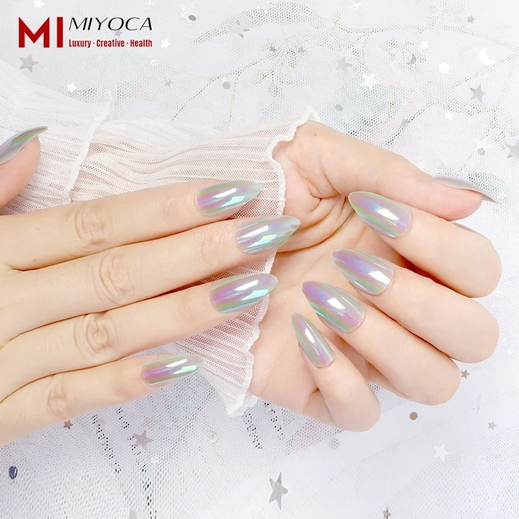 
MIYOCA Ice Aurora Press On Nails 2021 Middle Size Water Drop Shaped False Nails Girly Fake Nails With Rhinestones Faux Ongles 