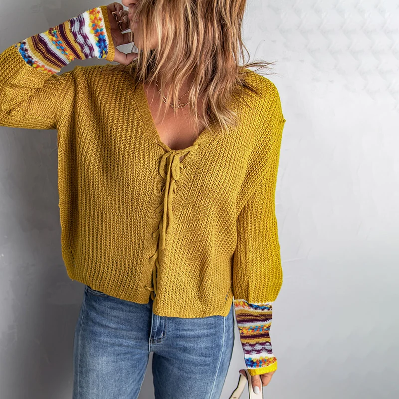 Скидка 2022, Новое поступление, Женский вязаный свитер на завязках с V-образным вырезом