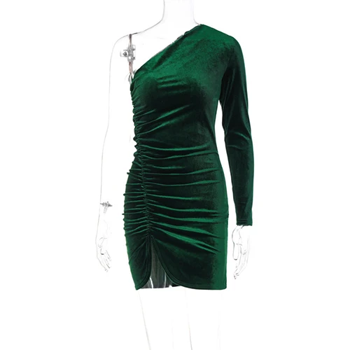 Vintage Elegant Green Velvet Dress Single Sleeve Slim Fit Pleated Wrapped Hip Dress for Women
