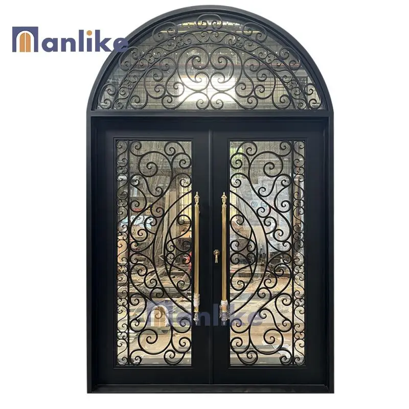 Anlike Villa Simple Design Custom Double Arches Modern Patio Entrance Black Wrought Iron Steel Glass Door