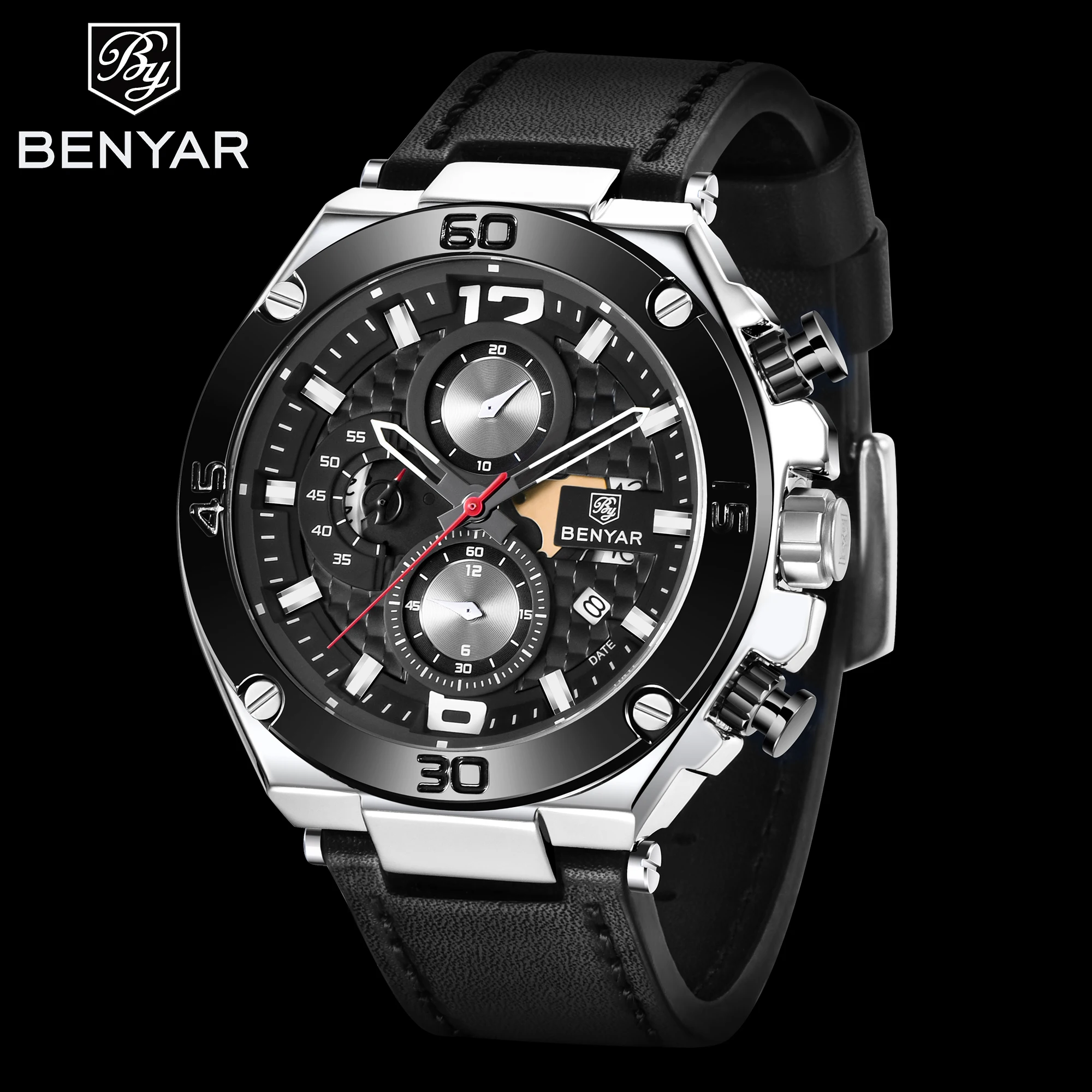 Luxury Brand Benyar Fashion Chronograph Wrist Watches genuine leather strap watch