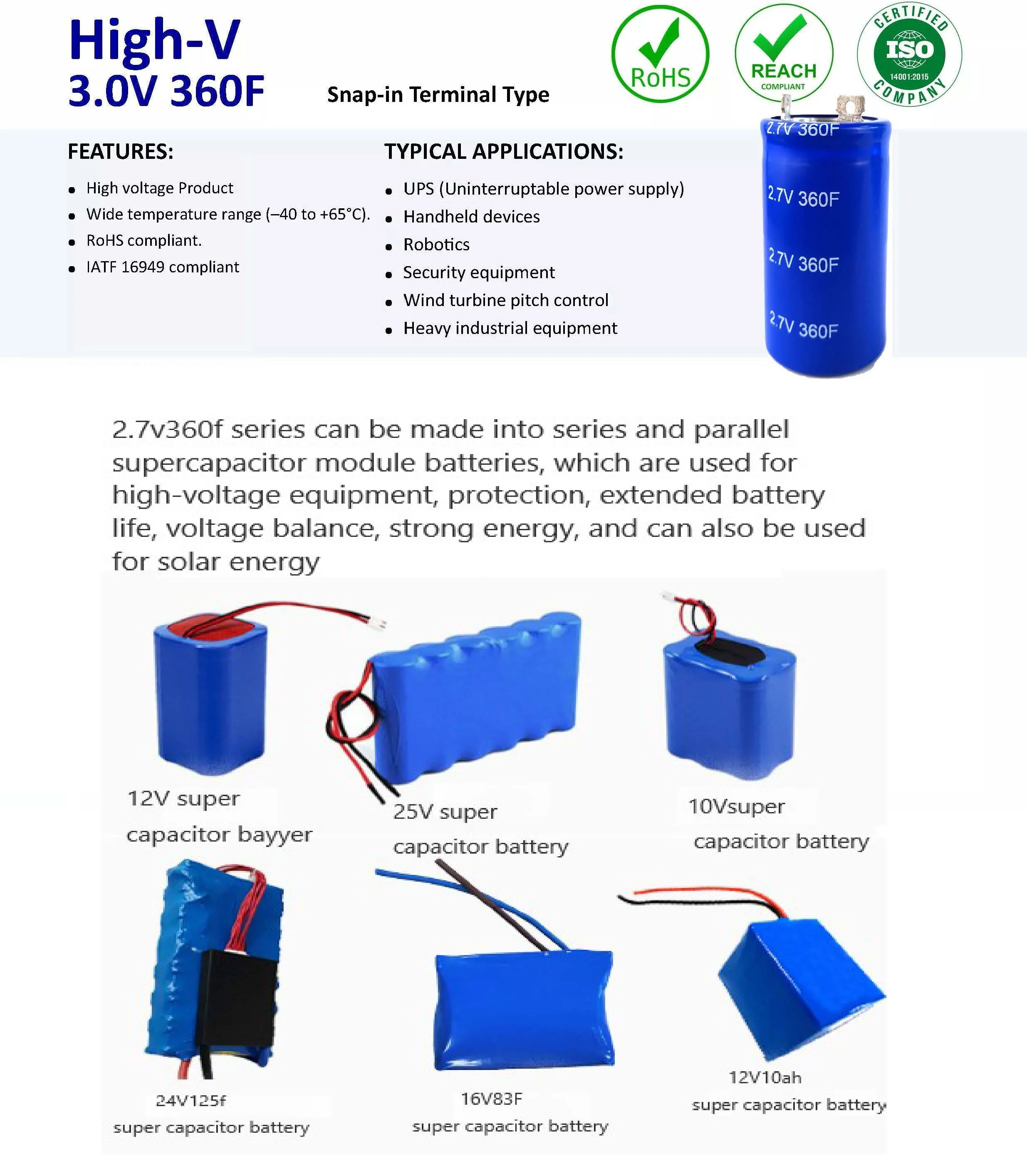 Start system ultra capacitor 3V 12V 16V 48V 400F super capacitor battery for electric Vehicle rechargeable power start system