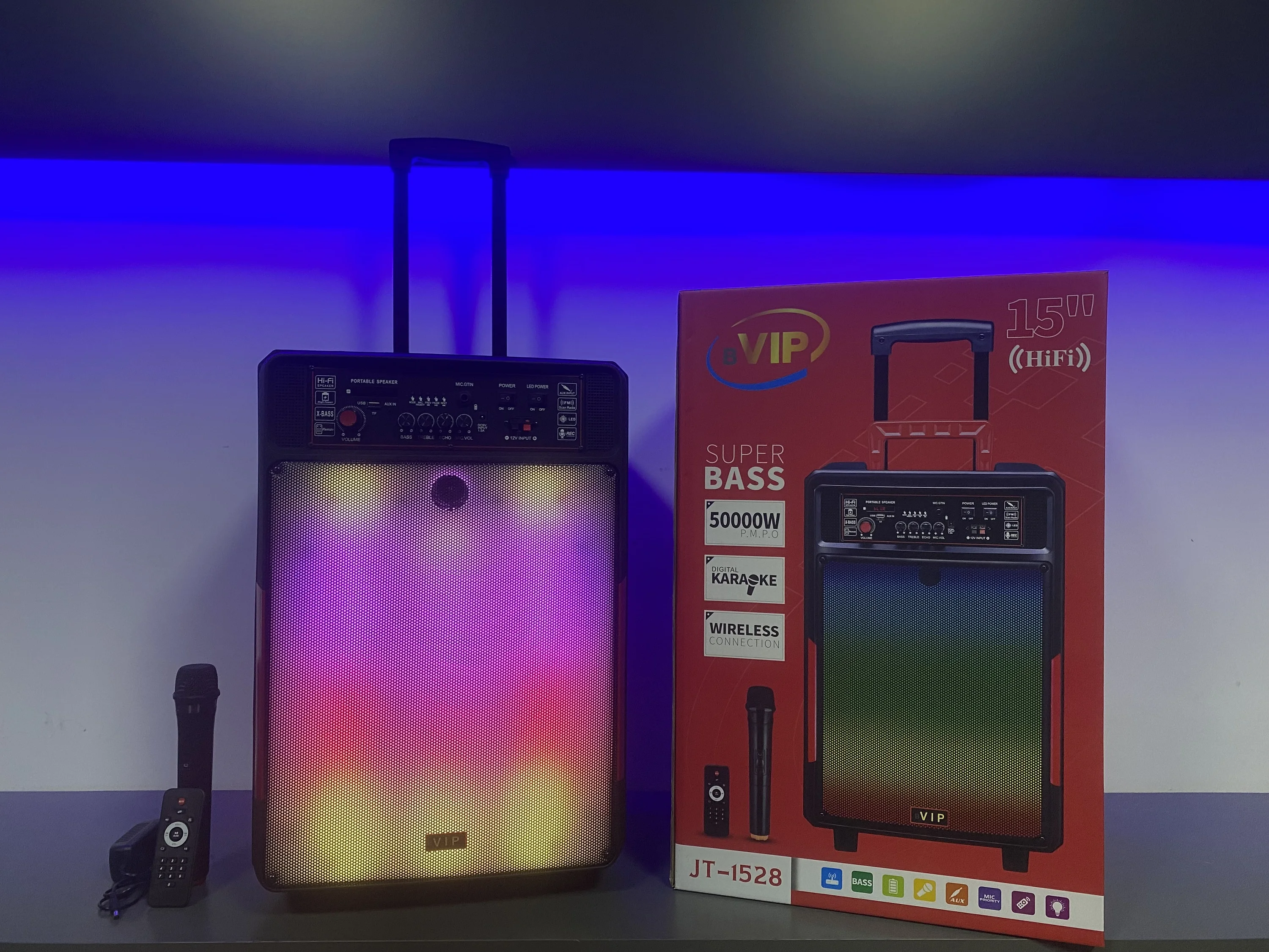 JT-1528 тележка стиль динамик беспроводной портативный 15 дюймов Стильные Цвет светодиодные лампы свет режим с проводом микрофон
