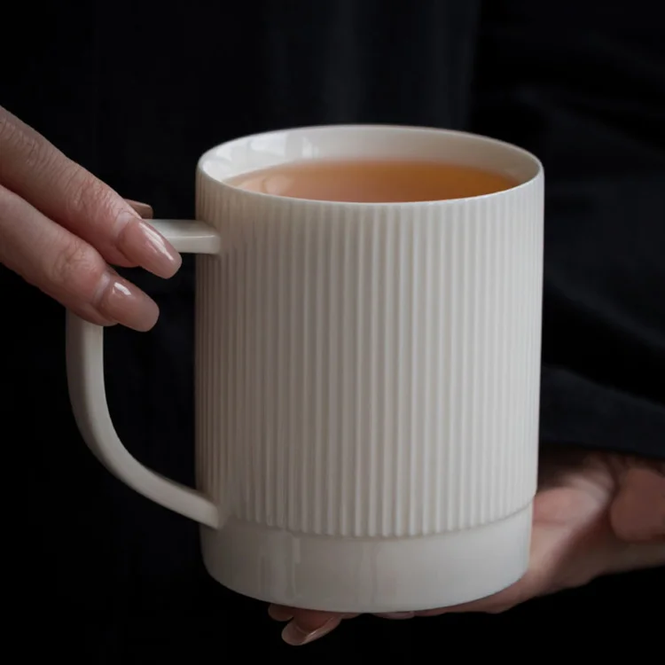 Wholesale Unique Striped Jade White Ceramic Tea Latte Coffee 11oz Porcelain Cup Luxury