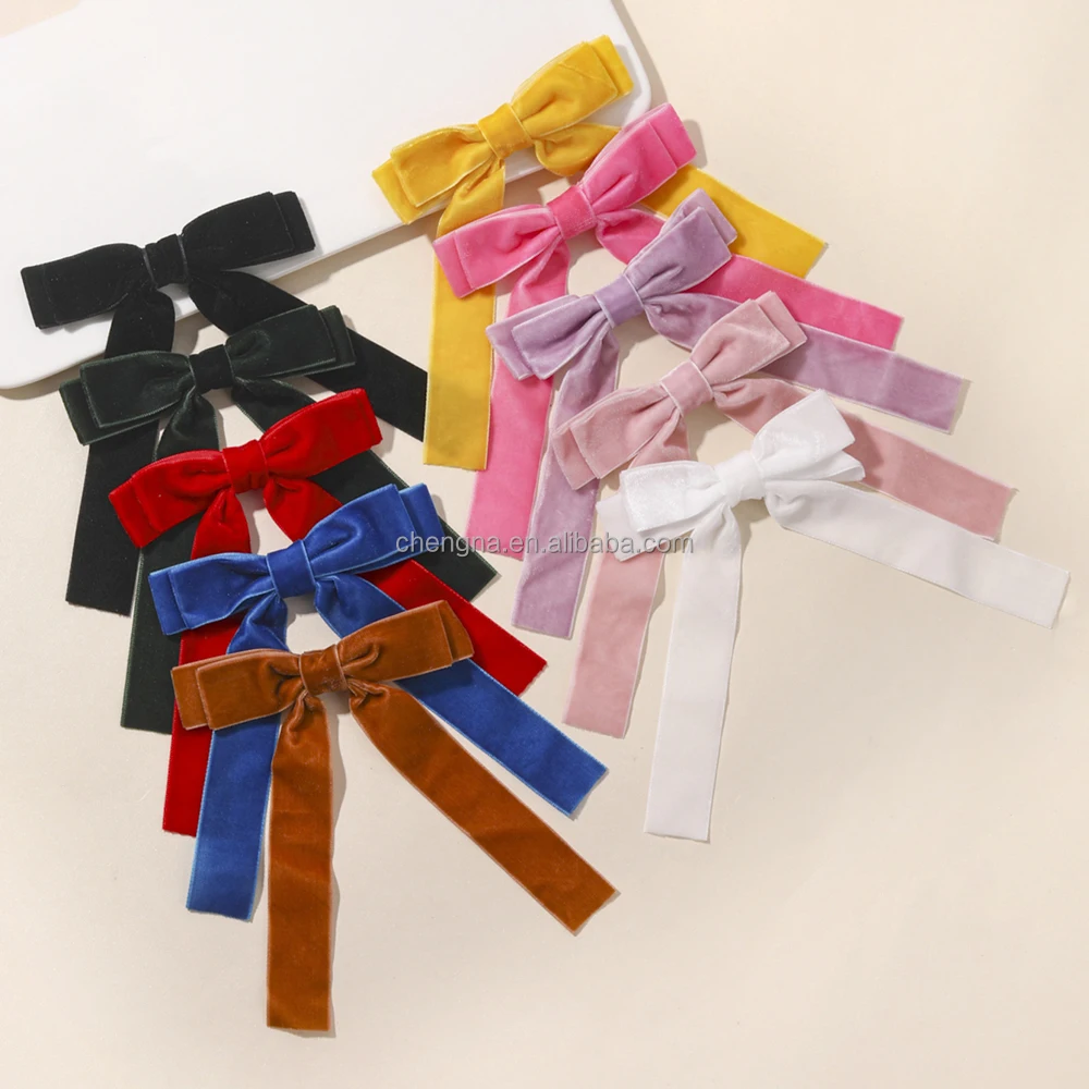 High Quality Long Velvet Ribbons Hair Bow for Girls Women Winter Solid Color Elegant Velvet Hair Clips