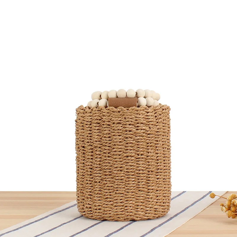 Women Boho Summer Beach Handwoven Straw Tote Bucket Bag with Wooden Beads Round Handle