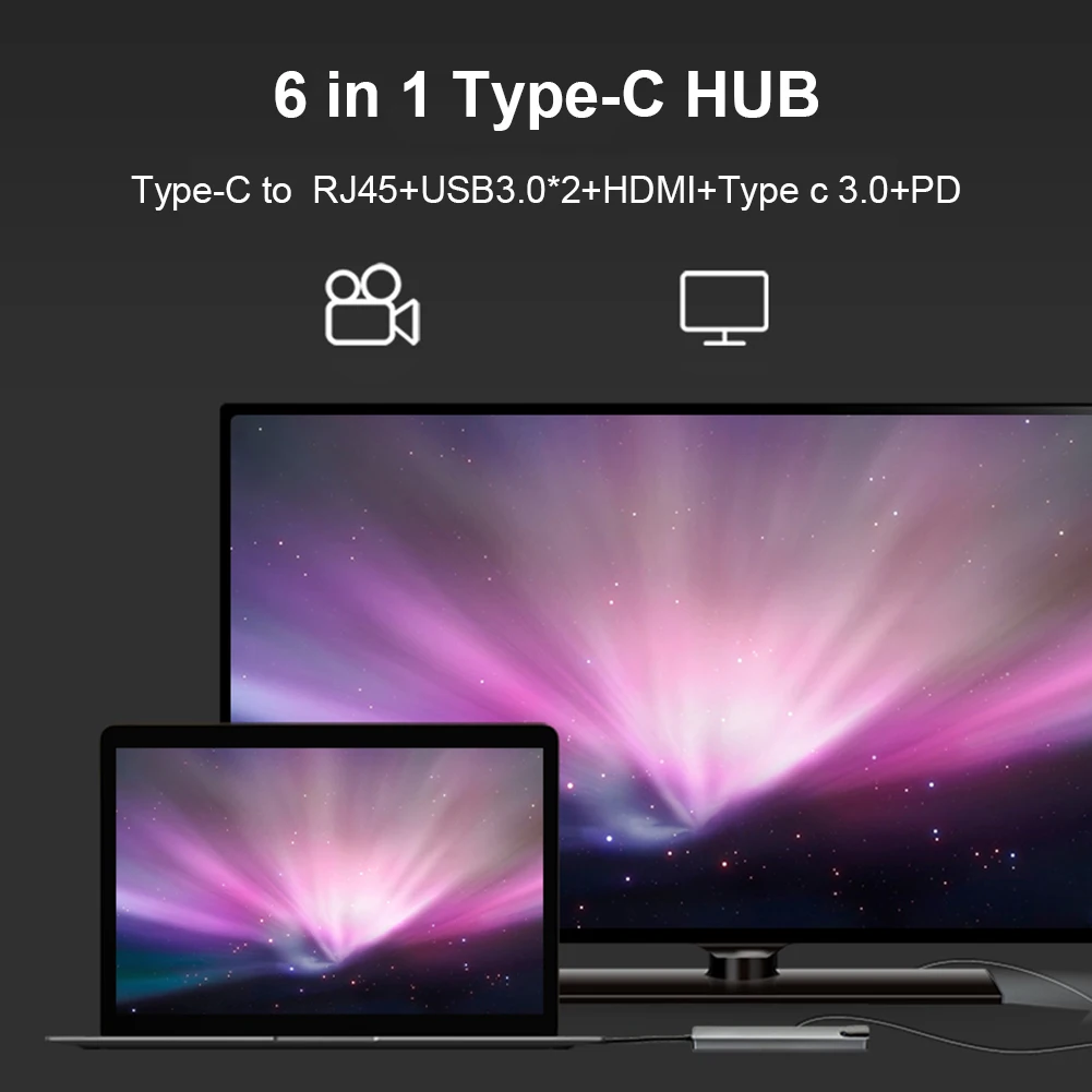 6in1 USB C HUB with 4K HDTV USB3.0 RJ45 PD Charging DOCKING STATION Type C Adapter for MacBook Pro USB C Laptops Nintendo