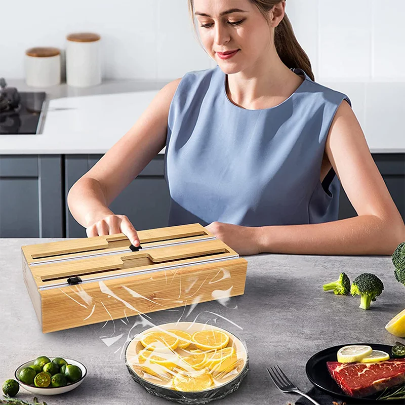 2 in 1 Kitchen Bamboo Wood Tin Foil Wax Paper Roll Plastic Cling Wrap Paper Aluminum Tin Foil Cutter Dispenser
