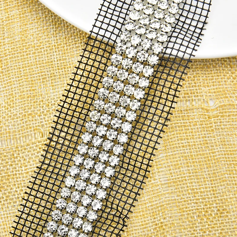 4 Rows Crystal Netting Silver Base Shiny Diamond Mesh Fabric Rhinestone Trimming for Shoes Bags Clothing Accessories