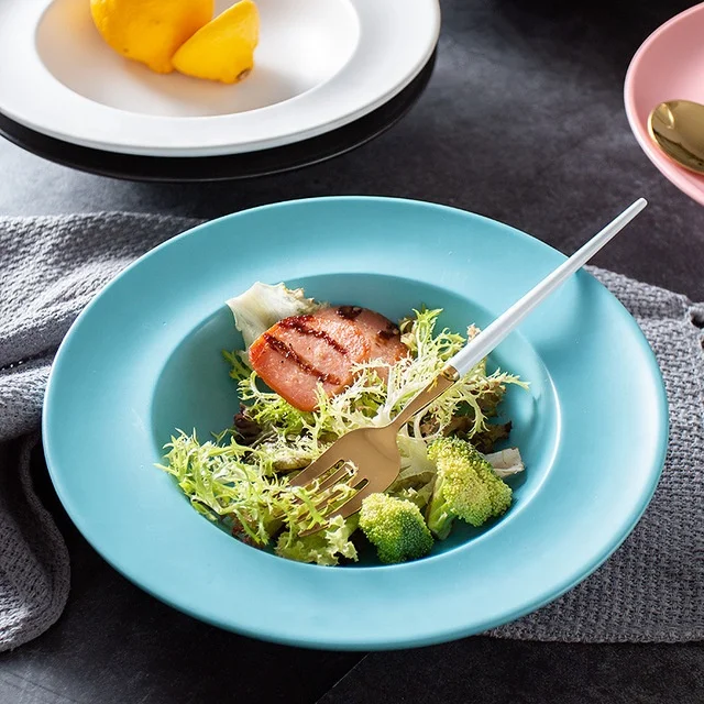 Nordic Style Round Matte Black Pasta Bowl Green Porcelain Straw Hat Salad Bowl White Ceramic Straw Hat Bowl